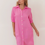 LINEN Collared Button Thru Dress | PINK